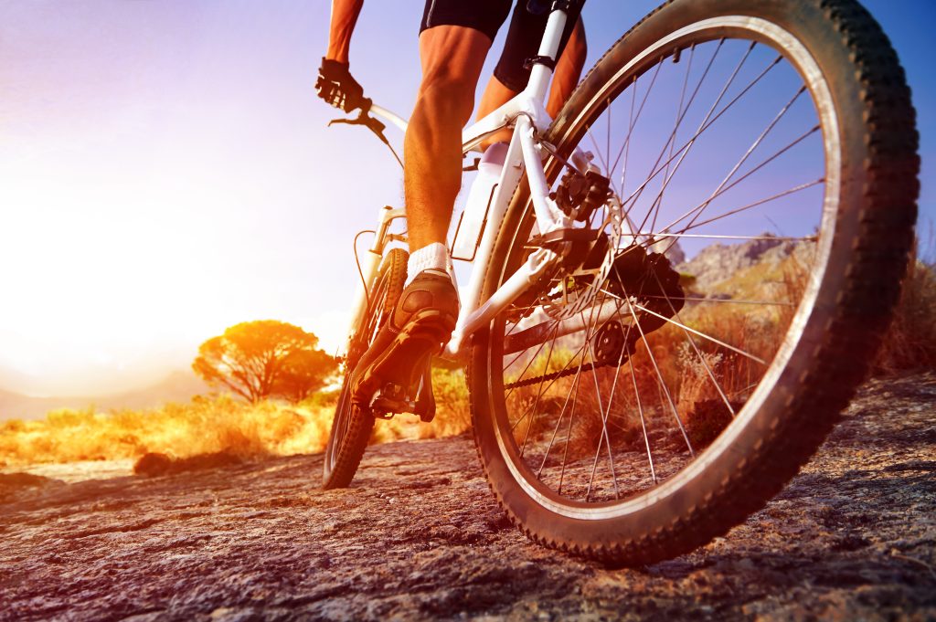 Close view of a mountain bike and rider on a sunlit rocky trail